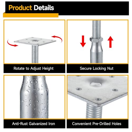 4 PCS Mini Screw Jack, 5 to 7 in Adjustable Floor Jack, Deck Foundation Lift Support, Galvanized Iron Level Support for Joist, Deck, House Foundation, Strong Base with Stable Plate