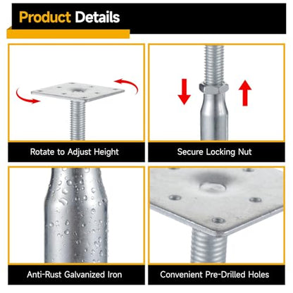 4 PCS Mini Screw Jack, 5 to 7 in Adjustable Floor Jack, Deck Foundation Lift Support, Galvanized Iron Level Support for Joist, Deck, House Foundation, Strong Base with Stable Plate