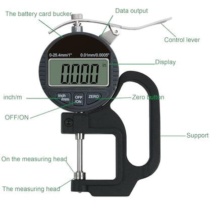Digital Thickness Gauge 1 inch/0-25.4mm, 0.0005inch/0.01mm Accuracy - size: 1"/0.0005"