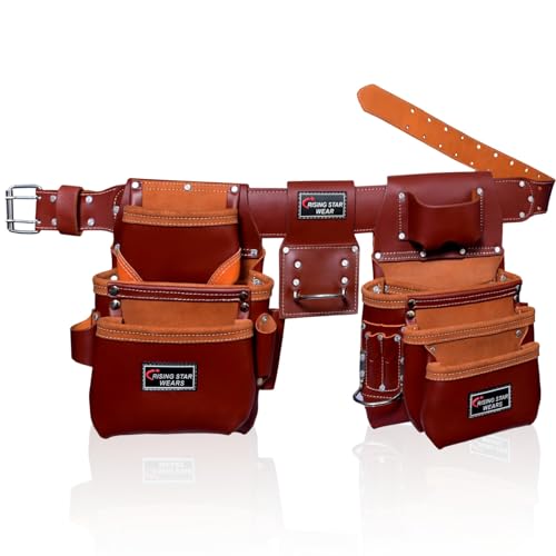 Rising Star Wears Genuine Leather Tool Belt Pouch, 22-Pocket Maroon Tool Bag - color: Maroon
