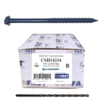 CONFAST 1/4" x 3-3/4" Hex Head Concrete Screw Anchor with Drill Bit for Anchoring to Masonry, Block or Brick (100 per Box) - size: 1/4" x 3-3/4"