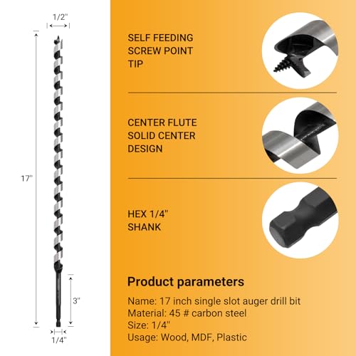 1/2 x 17 Inch Auger Drill Bit, Hex Shank 3/8 Inch - size: 1/2" x 17"