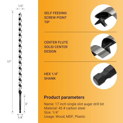1/2 x 17 Inch Auger Drill Bit, Hex Shank 3/8 Inch - size: 1/2" x 17"