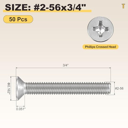 METALLIXITY #2-56x3/4 Phillips Flat Head Bolts 304 Silver 50Pcs - color: Silver, size: #2-56x3/4"