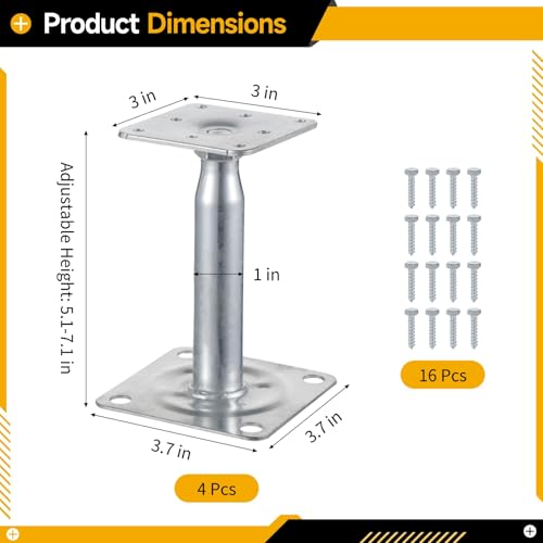 4 PCS Mini Screw Jack, 5 to 7 in Adjustable Floor Jack, Deck Foundation Lift Support, Galvanized Iron Level Support for Joist, Deck, House Foundation, Strong Base with Stable Plate