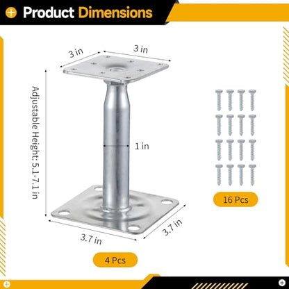 4 PCS Mini Screw Jack, 5 to 7 in Adjustable Floor Jack, Deck Foundation Lift Support, Galvanized Iron Level Support for Joist, Deck, House Foundation, Strong Base with Stable Plate