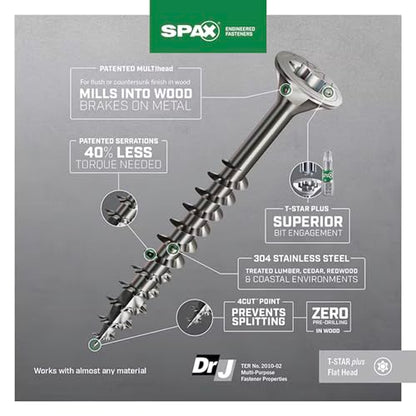 #10 x 3 Exterior Flat Head Construction Wood Screws (1500 pcs) T20+ T-Star Plus Stainless Steel - size: #10 x 3"