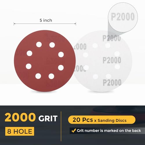 HARFINGTON 20 Pcs 5 Inch Sanding Discs 2000 Grit Red Aluminum Oxide 8 Hole - size: 5 Inch(2000 Grit)