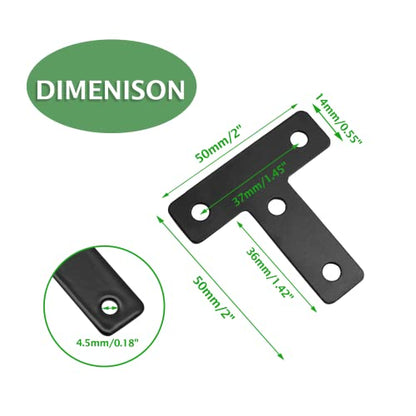 Uenhoy 20 Pcs T Shape Black Flat Brackets 2"x2" with Screws - size: 50x50mm/2"x2", style: T Shape