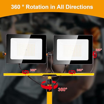 20000 Lumen Work Lights with Stand, 200W Dual Head LED Work Light, Waterproof Lamp with Individual Switch, Adjustable Metal Telescoping Tripod