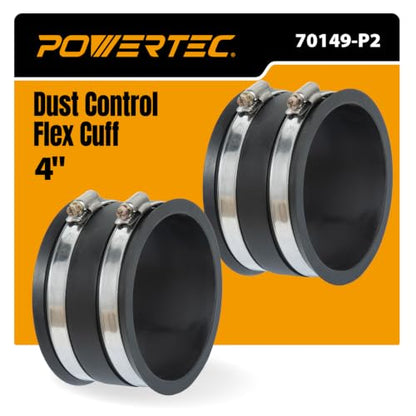 POWERTEC 70149-P2 4 Inch Dust Control Flex Cuff with Steel Hose Clamps, Hose Connector Rubber Cuff Coupler for Woodworking Dust Collection Fittings, Dust Collector Accessories & Machinery, 2 pack - size: 4", 2PK