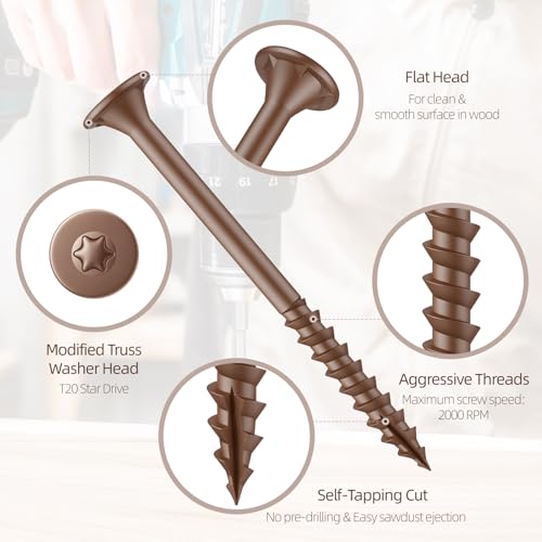 #8 x 2” Deck Screws, 1LB Star Drive Wood Screws, 131Pcs Rust Resistant Timber Screws for Timber/Log/Landscaping Wood, T20 Star Bit Included, Brown - color: Brown, size: #8 x 2"