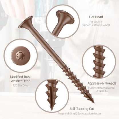 #8 x 2” Deck Screws, 1LB Star Drive Wood Screws, 131Pcs Rust Resistant Timber Screws for Timber/Log/Landscaping Wood, T20 Star Bit Included, Brown - color: Brown, size: #8 x 2"