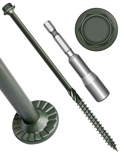 50Pcs #14 x 6 Deck Screws Hex Flanged Head Lag Screw Bolts, Epoxy Coated Rust Resistant Exterior Structural Wood Screws 6 Inch, Hex Socket Included Green Outdoor Decking Screw for Wood Fence - size: 14 x 6"