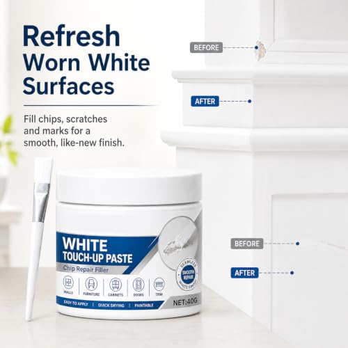 White Furniture Touch-Up Paste with Brush, Professional Wood Filler & Wall Repair Cream for Scratches, for Furniture and Floor, Works on Tables, Cabinets & Wooden Floors