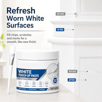 White Furniture Touch-Up Paste with Brush, Professional Wood Filler & Wall Repair Cream for Scratches, for Furniture and Floor, Works on Tables, Cabinets & Wooden Floors