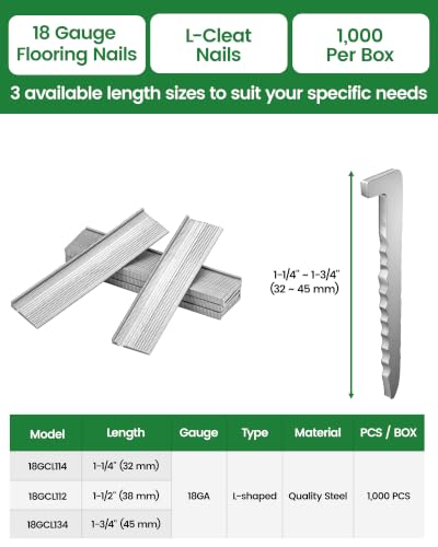 meite 18 Gauge Flooring Nails 1-1/2 Inch, 18GA L Cleat Nails 1,000Pcs - size: 1-1/2 Inch