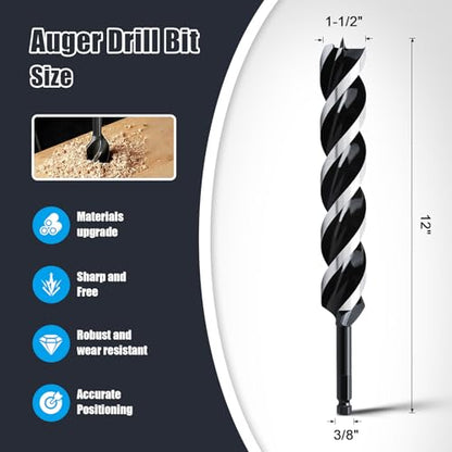 1-1/2" x 12" Auger Drill Bit for Wood,Hex Shank Tri Flute Drill Bit - size: 1-1/2"x12"