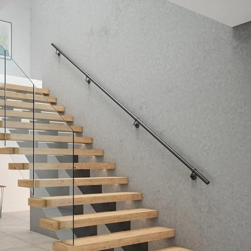 ROTHLEY 9.8 FT ADA Industrial Handrails for Indoor Stairs: Metal Staircase Handrails Wall Mount Stair Handrail 1.6" Sturdy Pipe Hand Railings for Steps Matt Black Powder Coat Stairway Railing - size: 9.8FT