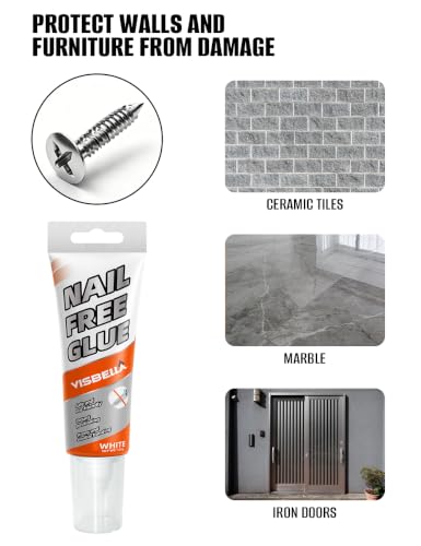 Visbella Nail Free Glue, Heavy-Duty Mounting Adhesive, No Nails Strong Bond Glue for Wood, Ceramic, Metal & More, White Instant Grab Adhesive 4.4oz.