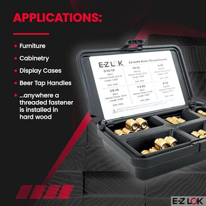 E-Z LOK Thread Insert Assortment Kit for Hard Wood, 6-32 to 0.375-16 - size: 6-32 to 3/8-16, style: Brass