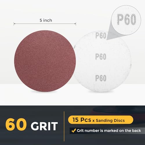 HARFINGTON 15 Pcs 5 Inch Sanding Disc 60 Grit Red Aluminum Oxide - size: 5 Inch(60 Grit)