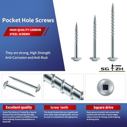Pocket Hole Screws #8 x 1 Inch (190Pcs) 1lb. Carbon Steel, Zinc Plated, Washer Head, Coarse Thread, Square Drive,150MM Drive Bit Included - color: Zinc Plated, size: #8 x 1"