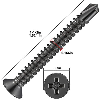 Wensilon（200pcs）#8×1-1/2”for Sheet Metal Self-Tapping Screws 410 Black Stainless Steel Flat Head High-Strength Quick self-Drilling Screws - color: Black, size: #8X1-1/2"