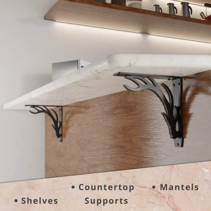 Starby Elk Lodge Antler Heavy Duty Steel Fireplace Mantel Brackets, Floating Shelf, Countertop Support, Log Cabin - Hand Welded (2 Pack) (8 x 8 x 2) - color: Elk Lodge, size: 8" x 8" x 2"
