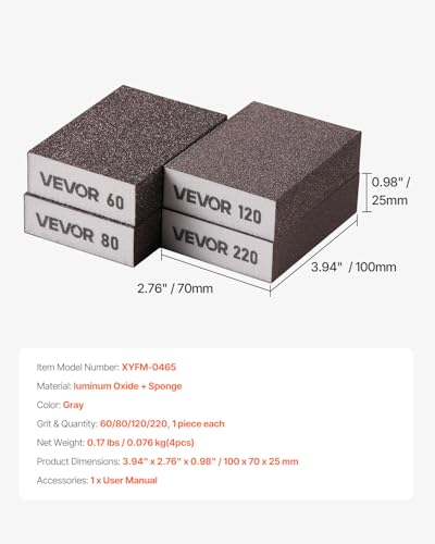 VEVOR Sanding Sponge, 4 Pcs, 60/80/120/220 Grit Assortment, Washable and Reusable Sanding Blocks for Dry & Wet Use, Coarse to Fine Sandpaper Blocks, for Polishing Drywall Wood Plastic Metal Furniture