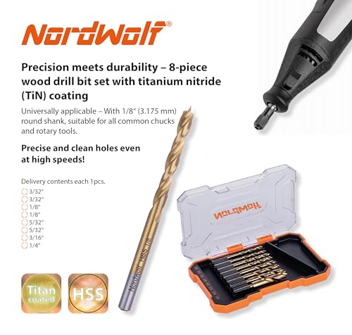 NordWolf 8-Piece HSS M2 Brad Point Wood Drill Bit Set, Titanium Nitride Coated with 1/8" Straight Shank for Rotary Tools & Flex Shafts, SAE Sizes 3/32"-1/8"-5/32"-3/16"-1/4" in Storage Case - size: 3/32" to 1/4" (5 Pcs)