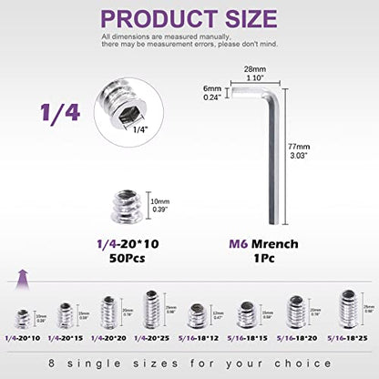 Swpeet 50Pcs 1/4"-20 x 10mm White Zinc Plated Carbon Steel Carbon Furniture Screw in Nut Threaded Wood Inserts Threaded Inserts Bolt Fastener Connector Hex Socket (1/4-20 x 10mm) - size: 1/4-20 x 10mm