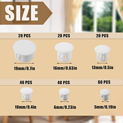 Plastic Furniture Hole Plugs - 6 Sizes (3/16"-3/4"), White (200pcs)