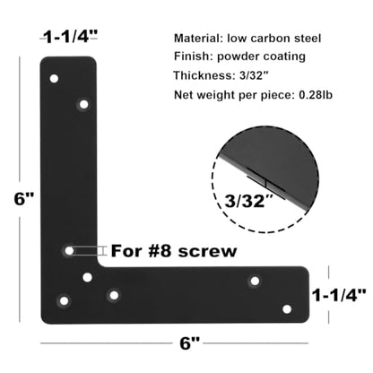 GBGS 10 Pcs 6" Flat L Corner Brace,Black Mending Plate - size: 6"×6"