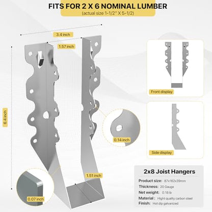 25 pcs 2x8 Joist Hanger,LU28 18 Gauge Double Shear Face Mount Joist Hanger,Hurricane Ties for Rafters Tie Brackets Great for Floor Deck and Ceiling Joists - size: 25Pcs 2x8, style: Silver