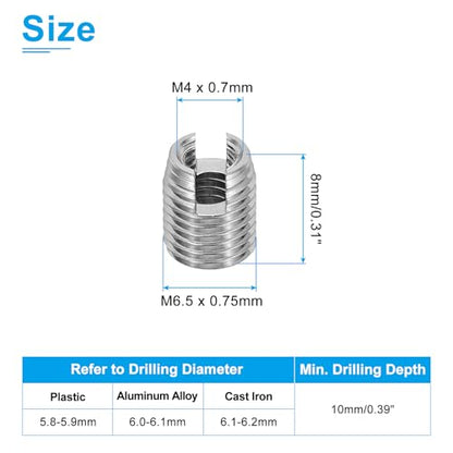 PATIKIL Self-Tapping Threaded Inserts, 20 Pcs M4 x M6.5 x 8mm 303 Stainless Steel Thread Adapter Reducer Slotted Screw Repair Inserts Nuts Sleeve - size: M4 x M6.5 x 8mm