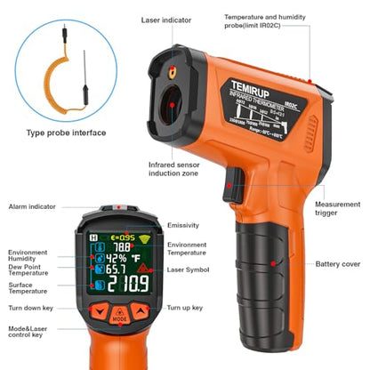 Infrared Thermometer Gun, Non Contact Digital Laser Thermometer Temperature Gun with Color LCD for Cooking, Home Repairs, Humidity Measurement, Adjustable Emissivity -58°F to 1472°F(-50~800°C) - color: Orange -58°F - 1472°F(-50-800℃)