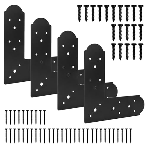 L Shape Steel Flat Bracket, 4 Pcs 10" X 10" Flat Fixing Mending Plates Black Flat Repair Plate Bracket with Screws Set for Wood Lumber Timber Connectors - style: L