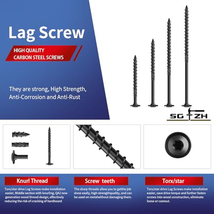 #14 x 5 Inch Lag Screws (57Pcs) 2lb. Structural Wood Screw, Black, Carbon Steel, Washer Head, Rust Resistant epoxy Coated, T30 Star Bit - color: Black, size: #14 x 5"