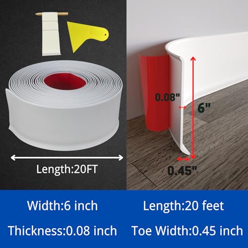 COUKIU Peel and Stick Rubber Baseboard Trim, 6 Inch x 20 Feet, White, S152 - color: White, size: 6in x 20ft