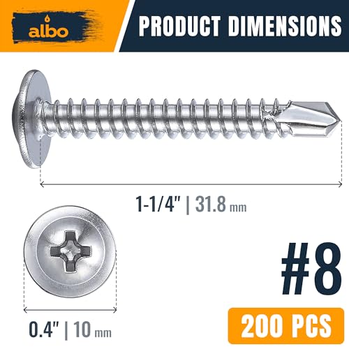 ALBO 200 PCS, #8 x 1-1/4" Stainless Steel Self Tapping Screws, 410 Stainless Truss Head Sheet Metal Screws, Self Drilling Screws for Metal & Plastic, Rust Resistant Fasteners - color: Silver, size: #8 x 1-1/4"