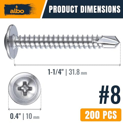 ALBO 200 PCS, #8 x 1-1/4" Stainless Steel Self Tapping Screws, 410 Stainless Truss Head Sheet Metal Screws, Self Drilling Screws for Metal & Plastic, Rust Resistant Fasteners - color: Silver, size: #8 x 1-1/4"