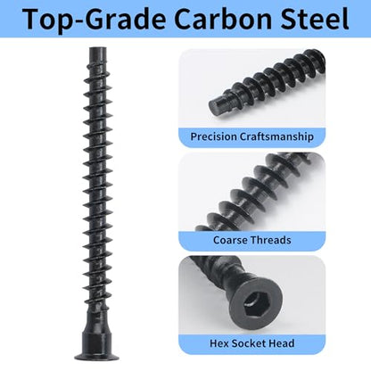 M5 x 50mm Confirmat Screws Black 50 PCs, Hex Socket Drive Countersunk Furniture Connecting Self-Tapping Screw Set Carbon Steel Zinc Plated - color: Black, size: M5x50mm