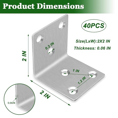40PCS L Brackets 2X2X0.08IN 304 Stainless Steel Corner Braces - size: 2X2X0.08IN