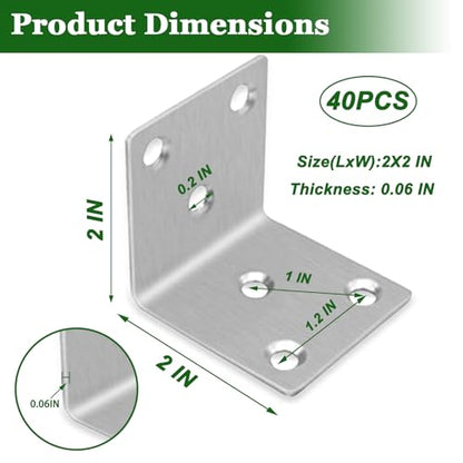 40PCS L Brackets 2X2X0.08IN 304 Stainless Steel Corner Braces - size: 2X2X0.08IN