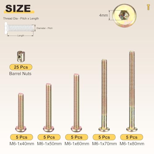 METALLIXITY Furniture Crib Screw Replacement Set M6-1x40/50/60/70/80 50Pcs - color: Yellow, size: M6-1x40/50/60/70/80mm