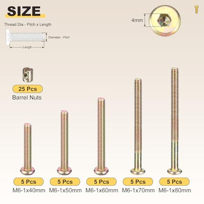 METALLIXITY Furniture Crib Screw Replacement Set M6-1x40/50/60/70/80 50Pcs - color: Yellow, size: M6-1x40/50/60/70/80mm