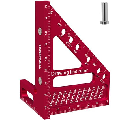 Premium Carpenter Square Hole Scribing Ruler Woodworking Square 22.5-90 Degree Measuring Ruler with Angle Pin,Versatile Multi Angle Square for Woodworking, Engineering, and Construction - color: Red