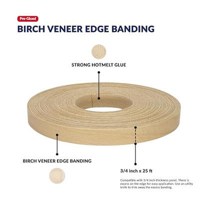 Birch Edge Banding 3/4 inch x 25 feet Wood Veneer Pre Glued Adhesive Edging Trim Band Tape Iron On Flexible Strip Roll Laminate Cabinate Countertop Furniture Shelf MDF Board Paintable Edgebanding - size: 3/4 in x 25 ft