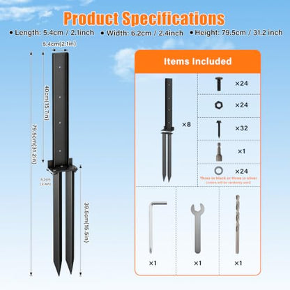 8 Pcs Fence Post Repair Kit, 4×4/6x6 Fence Post Support, Heavy Duty Post Anchor Ground Spike for Fixing Tilted or Broken Wooden Fencing Posts - size: 8 PCS